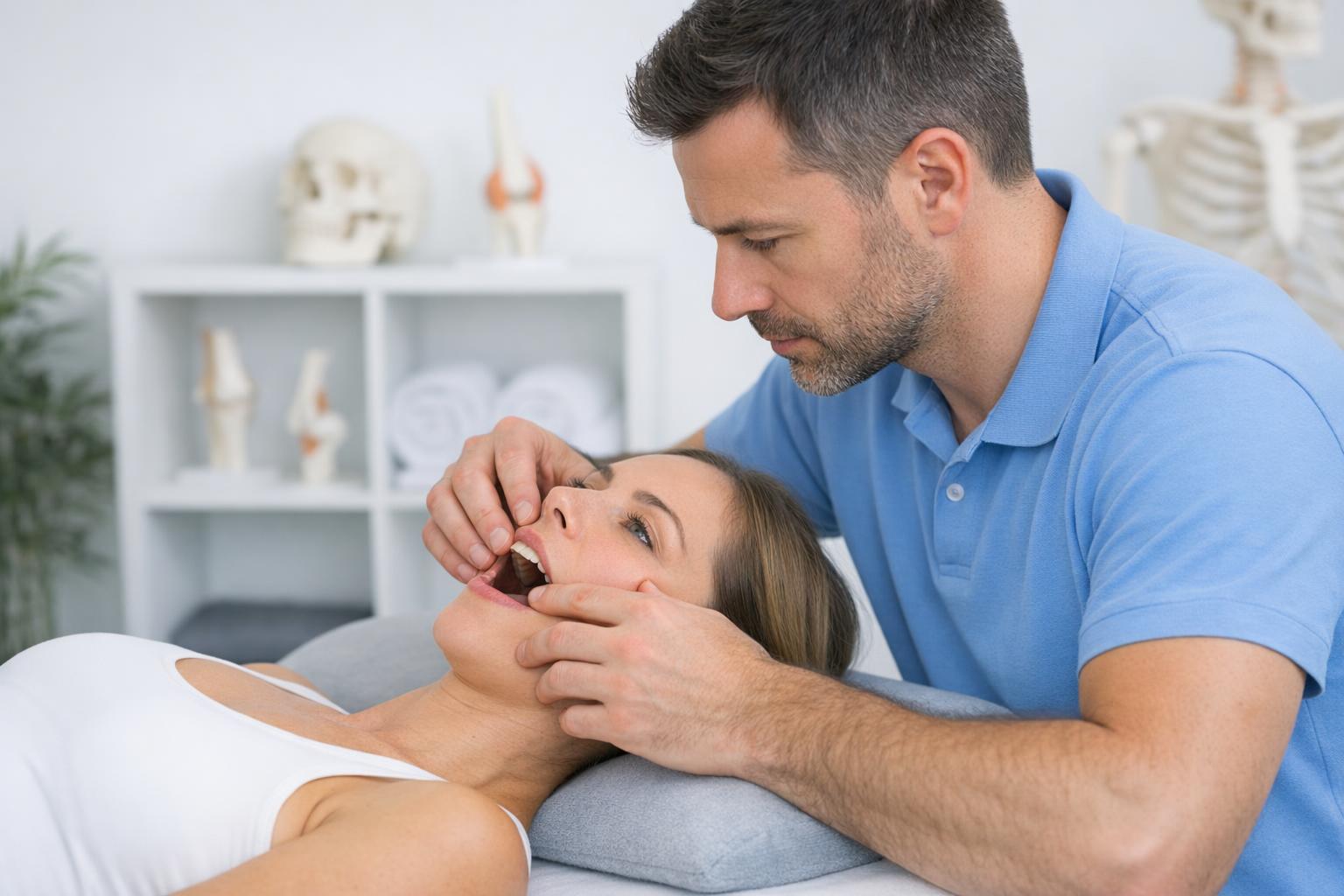 Zdjęcie: fizjoterapeuta wykonujący badanie stawu skroniowo-żuchwowego