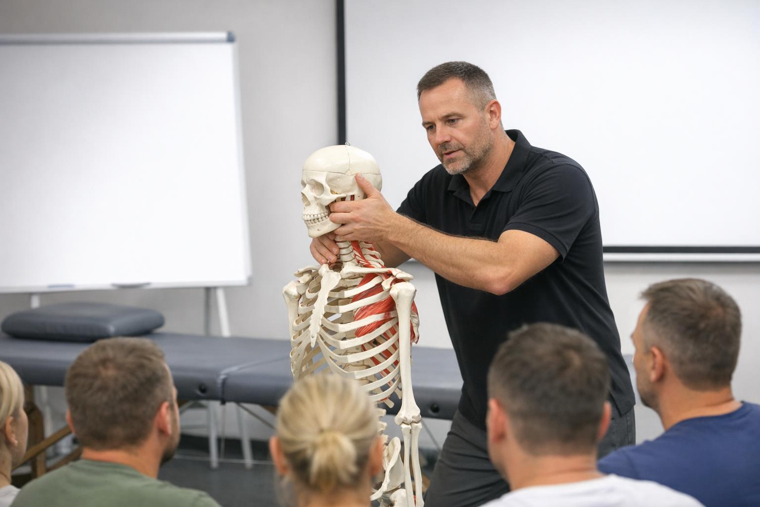 Instruktor pokazuje technikę terapii manualnej na modelu anatomicznym podczas kursu w Poznaniu