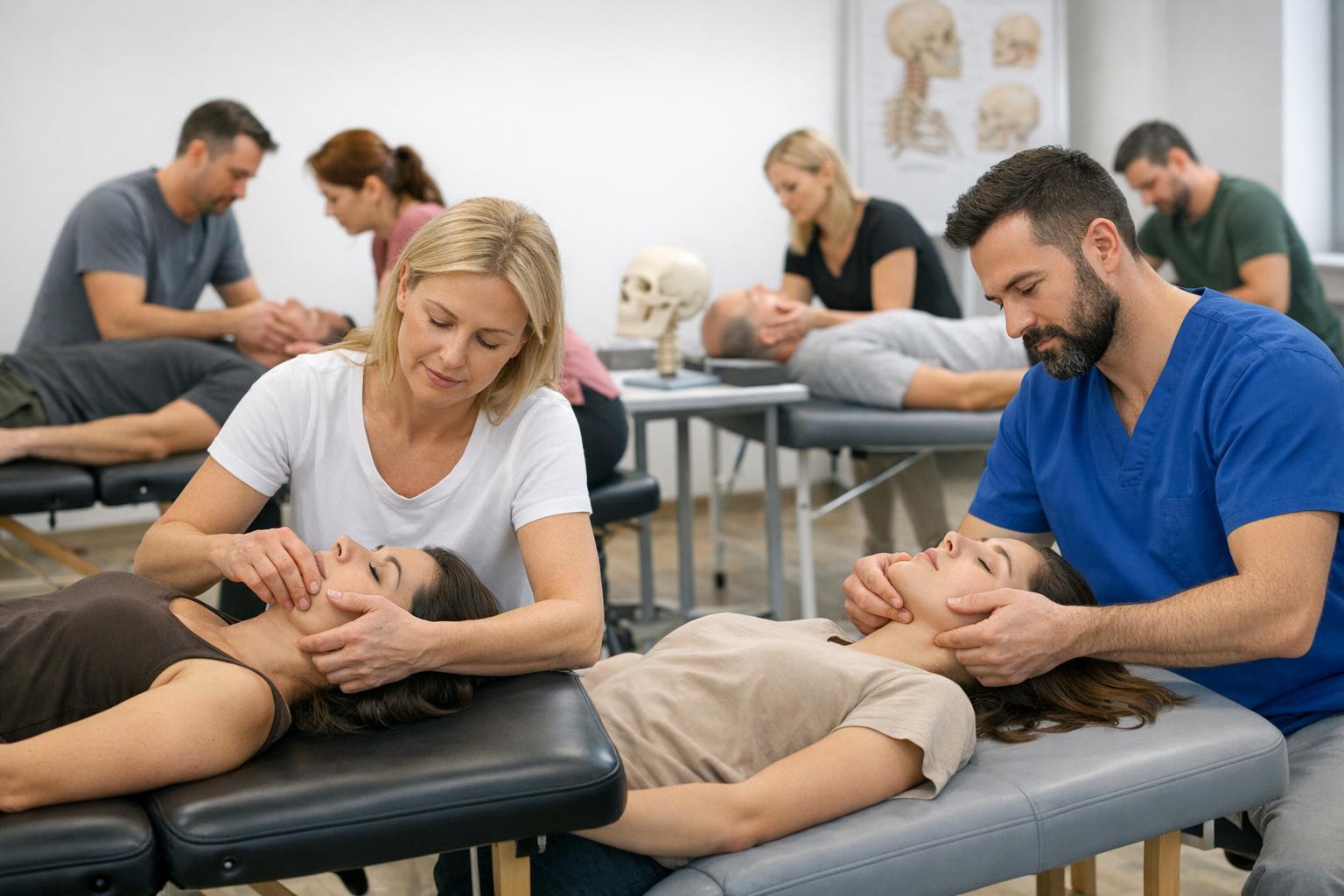 grupa terapeutyczna na kursie TMJ ćwiczy techniki manualne