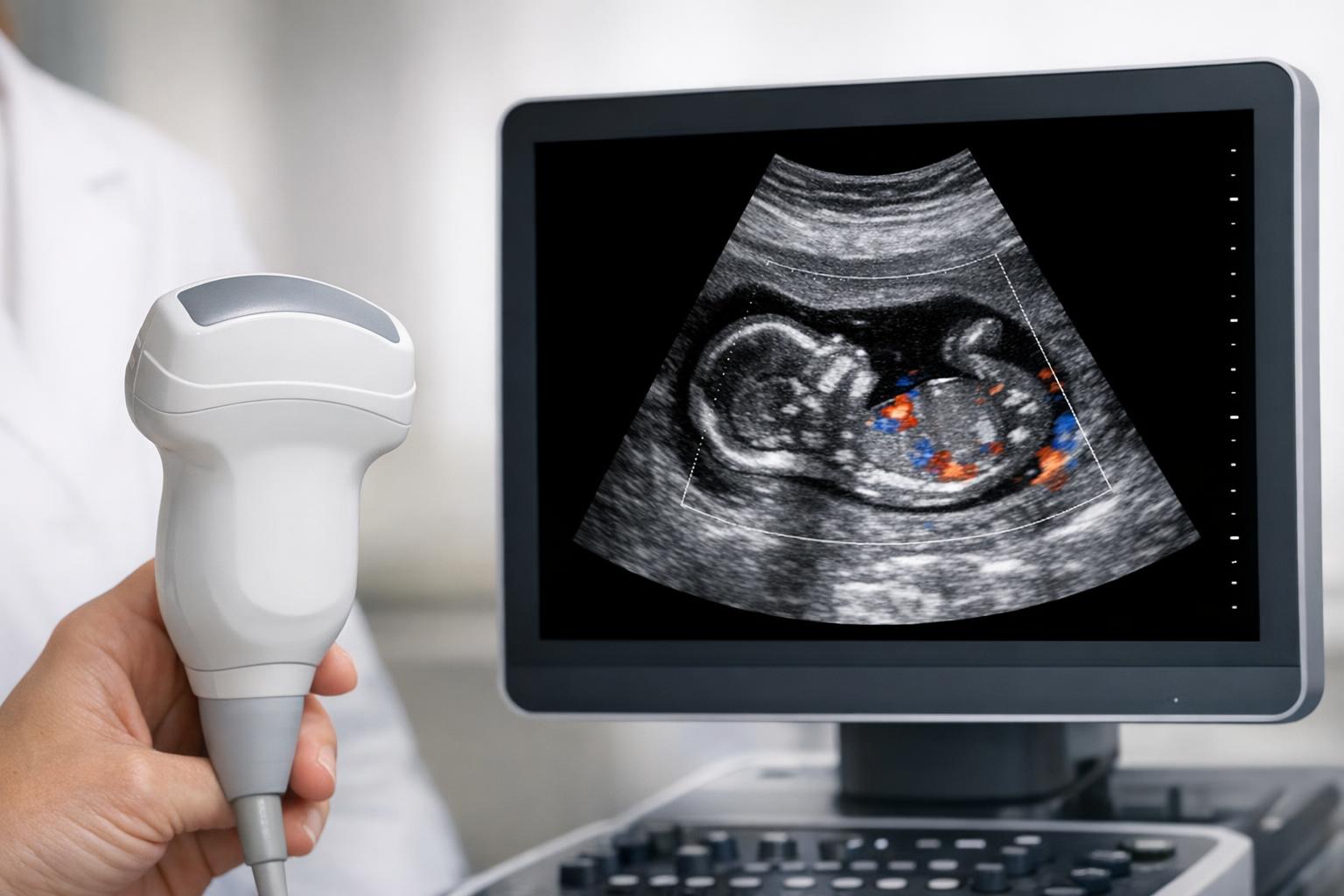 Głowica ultradźwiękowa i ekran z obrazem anatomicznym