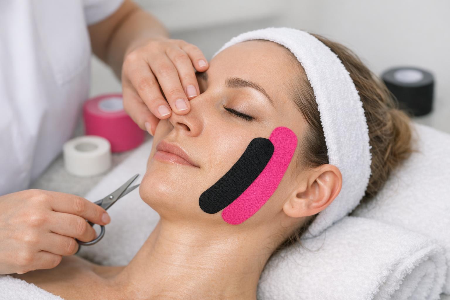 Zdjęcie: aplikacja taśmy na mięsień żwacz podczas terapii twarzy